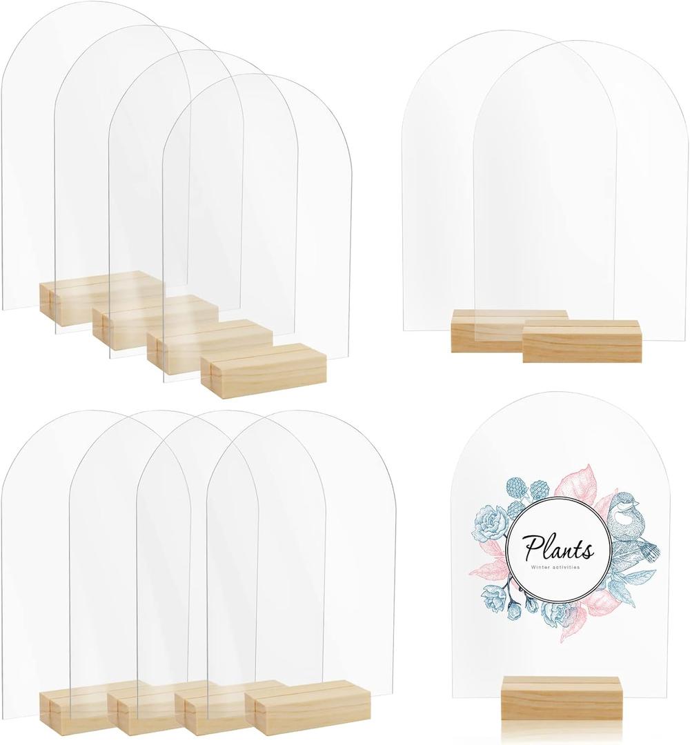 Bercoor 10 Pack 5x7 Inch Blank Clear Arch Acrylic Sign with Wooden Stands, Arched Round Top Acrylic Sheet, DIY Acrylic Arch Table Numbers for DIY Name Card Gifts Event Party Sign Decoration