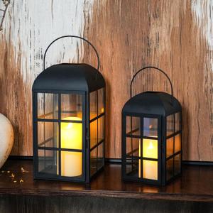 TRIROCKS Set of 2 Decorative Candle Lantern 14&10.5''H Outdoor Metal Lantern Modern Candle Holder with Tempered Glass for Home Garden Yard Patio Parties Indoors Outdoors (Black)