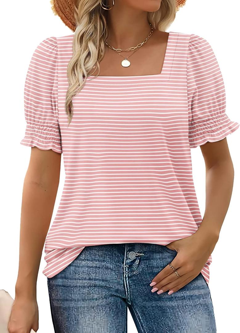 WIHOLL Tops for Women Summer Casual Ruffle Trim Sleeve Square Neck T Shirts (L)