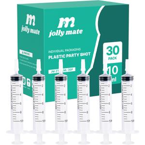 JollyMate 30 Pack 10ml Oral Syringe for Liquids, 10cc Oral Syringes without Needle with Cap Individually Wrapped for Pet Feeding, Scientific Labs, Measuring Liquids, Oil & Glue Dispenser