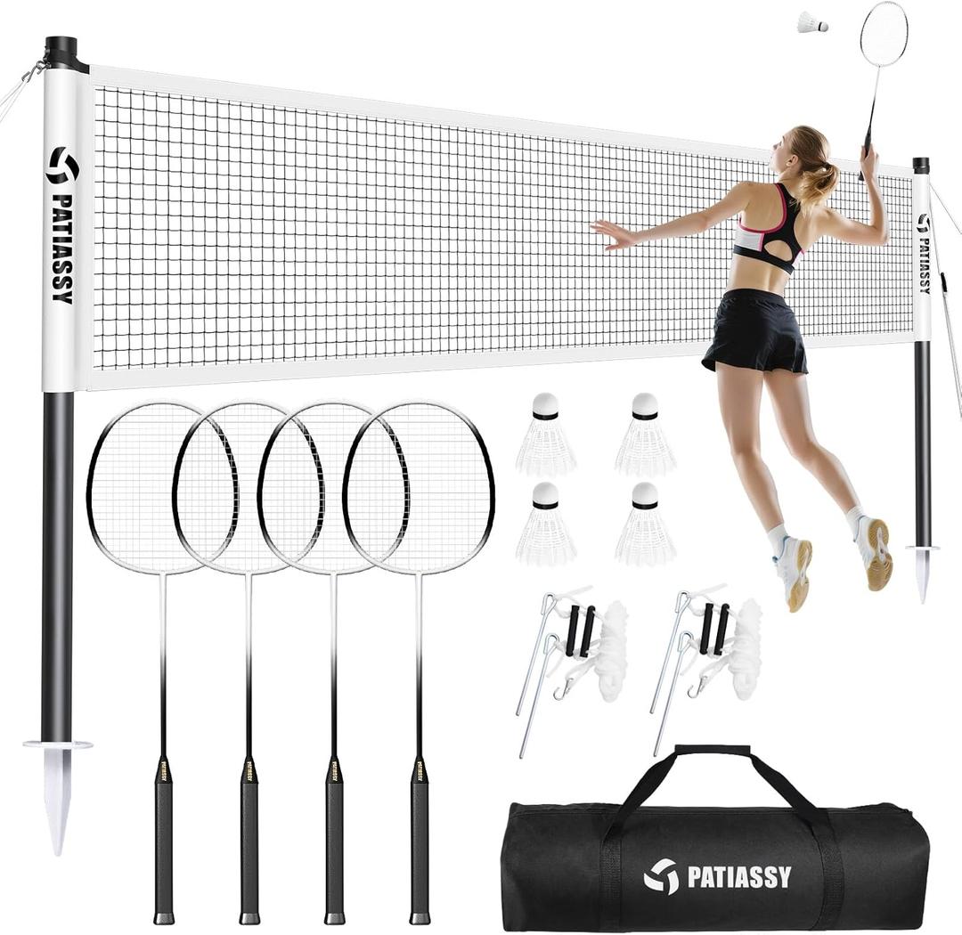 Badminton Set for Backyard, Portable Badminton Net with 4 Badminton Rackets, 4 Nylon Shuttlecocks and Carry Bag, for Lawn Beach Family Games (White)