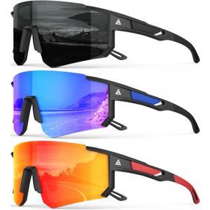 Polarized Sports Sunglasses for Men, UV400 Protection Mens Sunglasses Wrap Around Sun Glasses for Cycling Running (Grey/Drak Blue/Red)