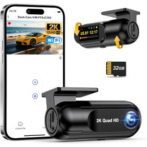 PENEMAY Dash Cam 2K Car Camera, Mini WiFi Dashcam with 32GB SD Card Dash Cam Front, Enhanced Night Vision Dashcams for Car, App Controlled Dash Camera with 24H Parking Mode, G-Sensor, Loop Recording