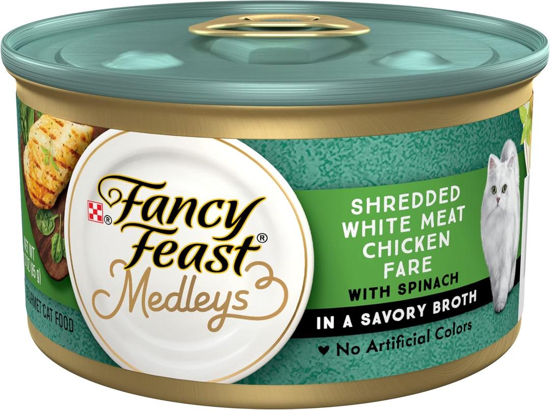 Purina Fancy Feast Wet Cat Food Medleys Shredded White Meat Chicken Fare With Spinach in Savory Cat Food Broth - (Pack of 24) 3 oz. Cans, Best By April, 2026