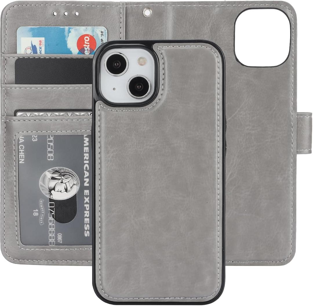 Bocasal Detachable Wallet Case for iPhone 13 RFID Blocking Card Slots Holder Premium PU Leather Magnetic Kickstand Shockproof Wrist Strap Removable Flip Protective Cover 5G 6.1 inch (Grey) (Gray)