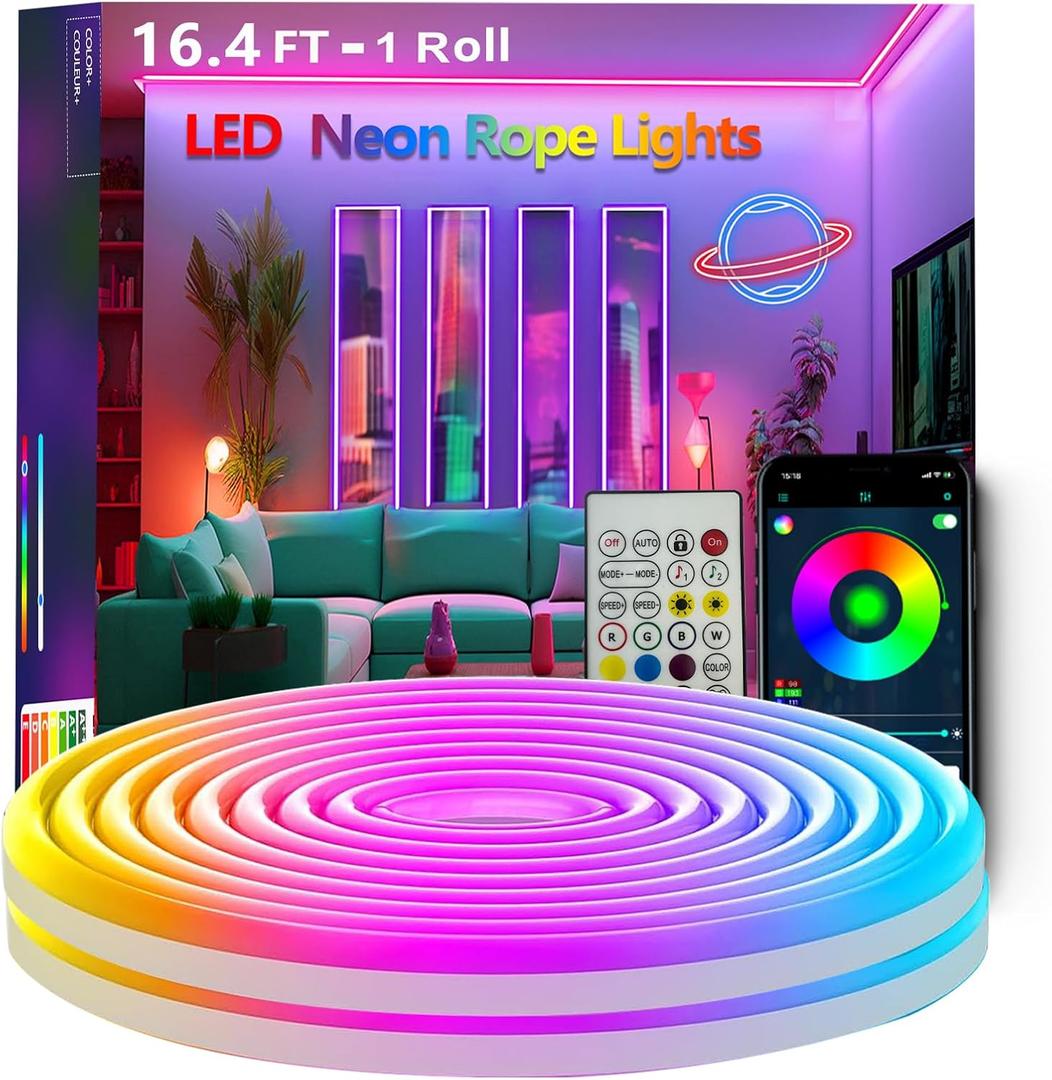Bvokon 16.4FT Neon Rope Lights,Flexible Led Rope Light Control with App/Remote,Multiple Modes,Music Sync,IP65 Outdoor RGB Led Strip Lights Waterproof
