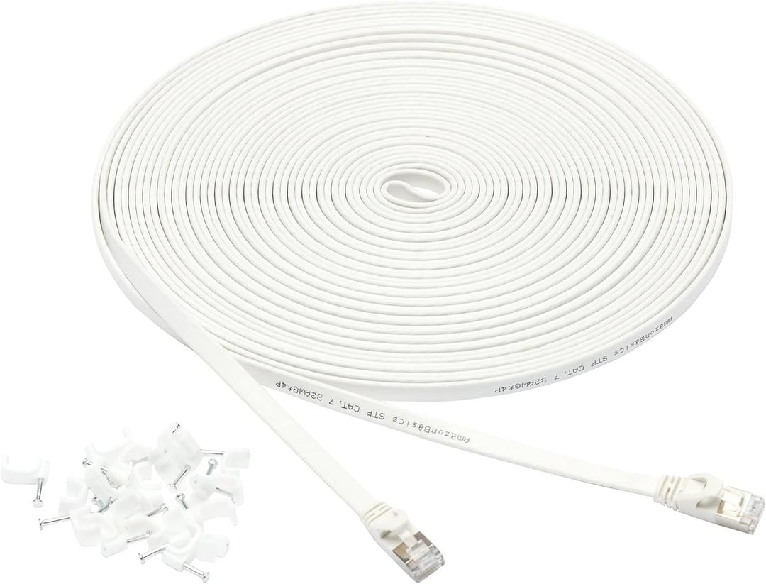 Amazon Basics RJ45 Cat 7 Ethernet Patch Cable, Flat, 600MHz, Snagless, Includes 20 Nails, 50 Foot, White