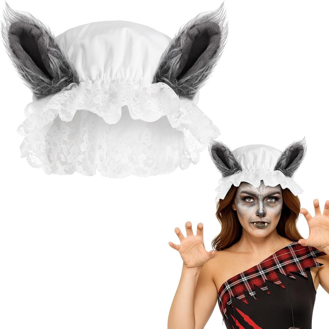 Haysandy Mardi Gras Wolf Granny Costume Accessory Big Bad Wolf Hat with Plush Ears for Adult Werewolf Granny Bonnet Mop Hat for Party Mardi Gras Cosplay Dress up Animal