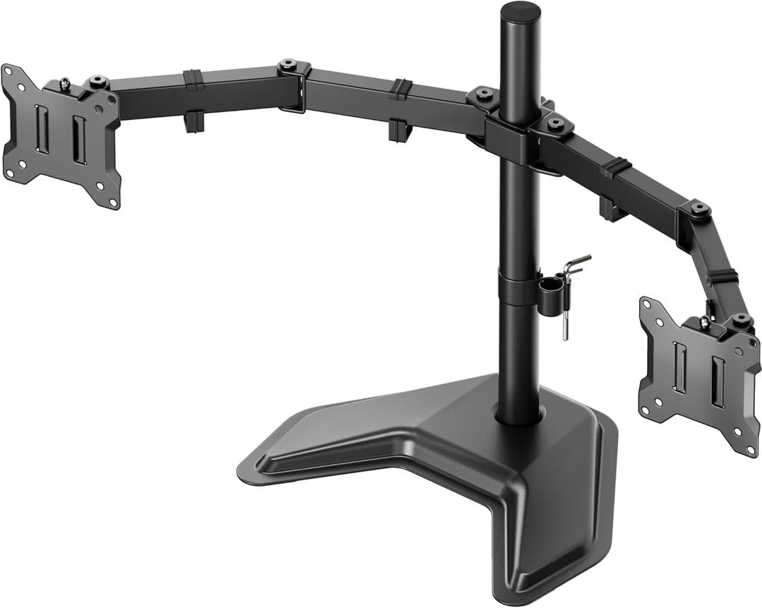 monTEK Stable Freestanding Dual Monitor Stand for 1732 Computer Screens, Heavy-Duty Desk Mount with 22 lbs per Arm, Fully Adjustable Brackets and Arms, Solid V-Shaped Base, VESA 100100mm Max (Horizontal)