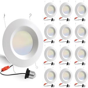 12 Pack 5/6 Inch 5CCT LED Recessed Lighting Retrofit, 2700K/3000K/4000K/5000K/6500K Selectable, Dimmable Can Lights with Baffle Trim, 12W=150W, High Brightness 1000LM, IC& Wet Rated, ETL&FCC Certified