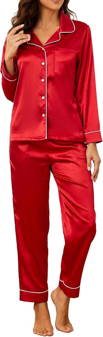 U2SKIIN Women Silk Pajamas Set, Long Sleeve Satin Pajamas for Women Sleepwear Button Down Pjs Set Two-piece (X-Large, Red)