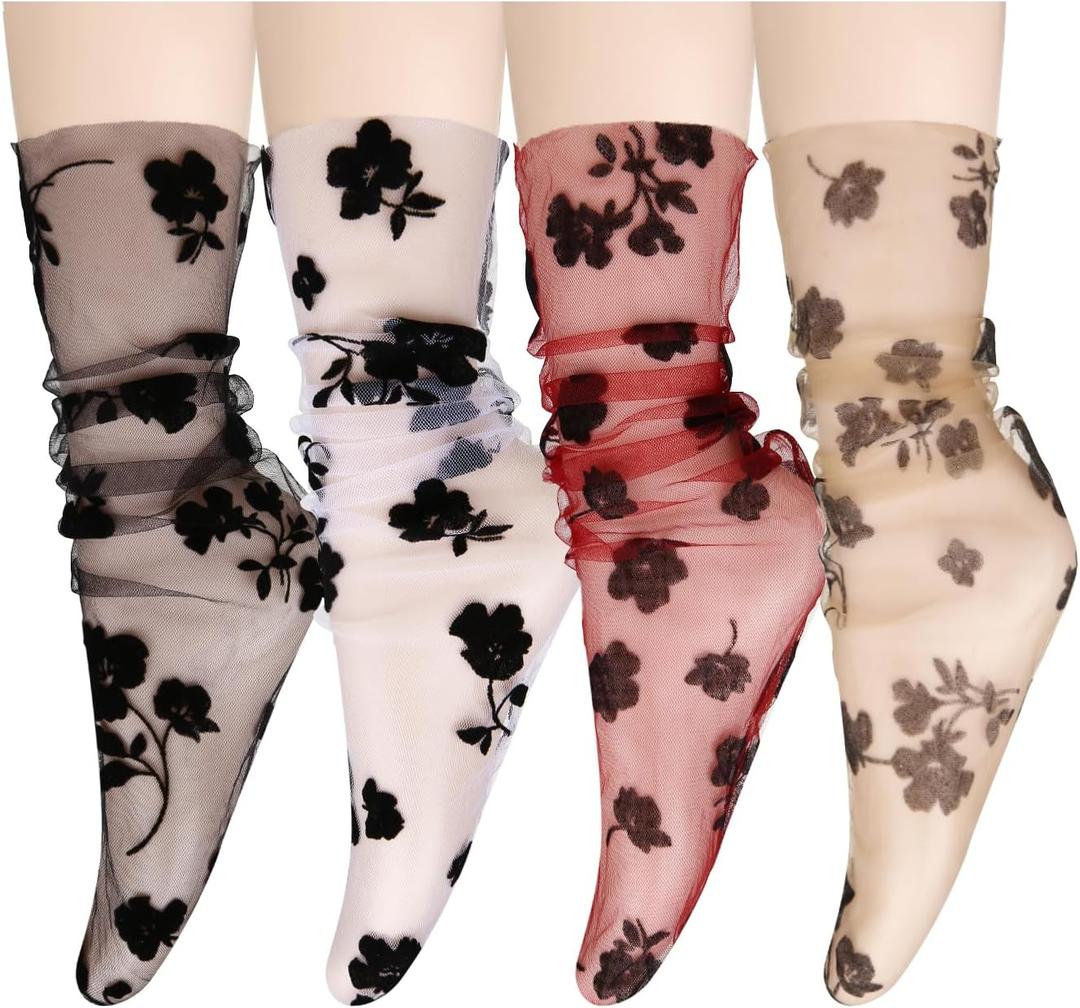 Violet Mist Women's Lace Ankle Socks Sheer Mesh Slouch for Women Girls Cute Tulle Loose Transparent Dress Socks Decorated