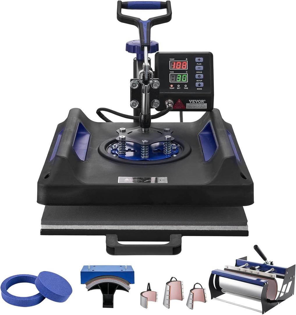 VEVOR Pro Heat Press 15x15 Inch, 8 in 1 Heat Press Machine with 30 OZ Tumbler Press, Swing Away T Shirt Pressing Machine, Combo Tumbler Hat Heat Press for Sublimation T-Shirt Hat Cap Mug Plate, Blue VEVOR Pro Heat Press 15x15 Inch, 8 in 1 Heat Press Machine with 30 OZ Tumbler Press, Swing Away T Shirt Pressing Machine, Combo Tumbler Hat Heat Press for Sublimation T-Shirt Hat Cap Mug Plate, Blue