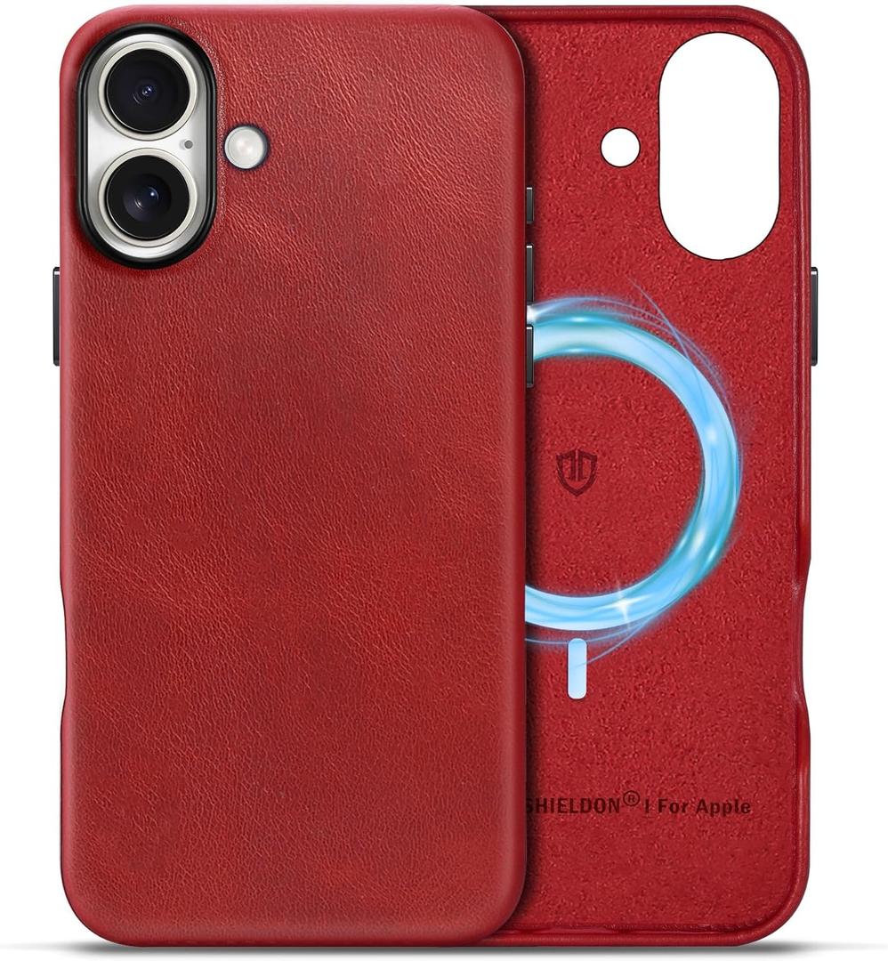SHIELDON Case for iPhone 16 6.1", Genuine Leather Slim Wireless Charging Magnetic Non-Slip Anti-Scratch Shock-Absorbent Phone Cover with Metal Buttons Compatible with iPhone 16 2024 - Retro Red