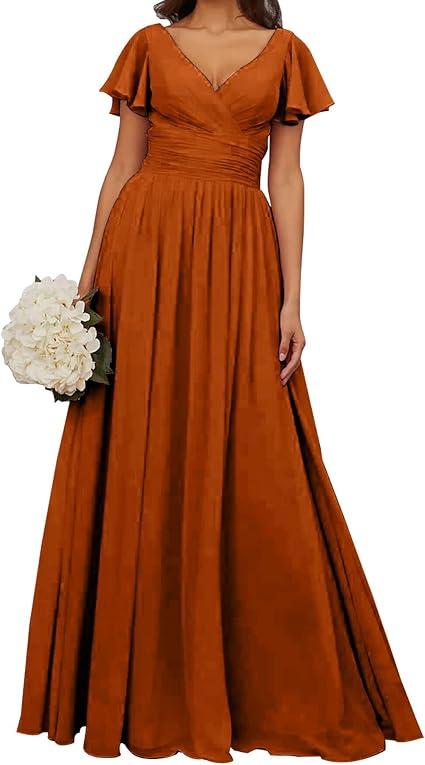 Women's V Neck Bridesmaid Dresses Burnt Orange A Line Evening Party Dress Ruffle Long Chiffon Wedding Guest Dress for Women KY057-8, Orange, Size  6