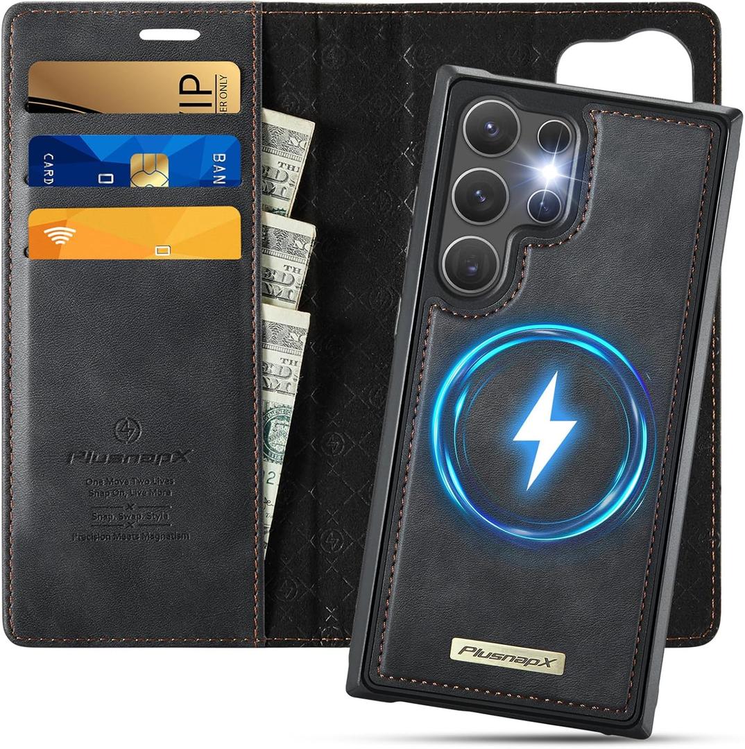 Wallet Case for Samsung Galaxy S25 Ultra Compatible with Magsafe, 2-in-1 PU Leather Flip RFID Blocking Card Holder Stand Shockproof Magnetic Detachable Cover for Galaxy S25 Ultra Case, Black