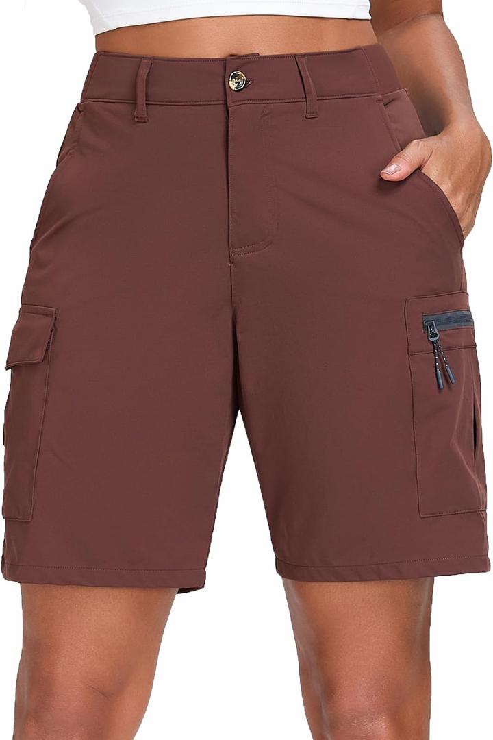 Oalka Women's Hiking Cargo Shorts Bermuda Camping 9" Shorts | Lightweight Quick Dry Golf Shorts With Zipper Pockets, Breathable Athletic Summer Button Elastic Waistband Shorts For Women (Brown, L)