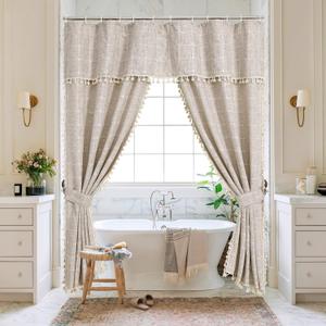 MitoVilla Tan Boho Double Swag Shower Curtain, Polyester Linen Fabric Shower Curtains for Farmhouse Bathroom Decor, Brown Cloth Shower Curtain Set with Hooks, 72 x 72