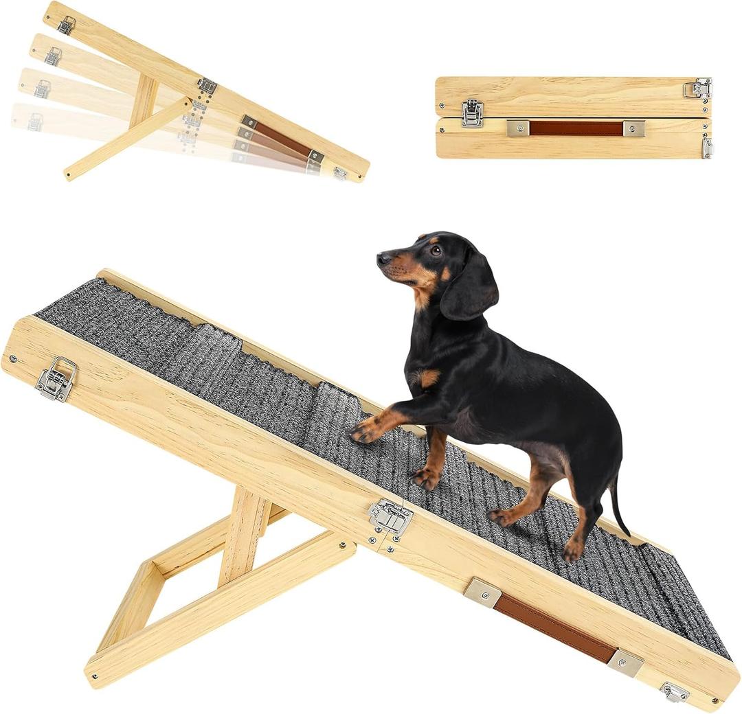 2025 Upgraded Dog Ramp for Couch, Foldable Small Dog Ramp for Bed, 4 Adjustable Height from 13'' to 21", Portable Stable Pet Steps with Non-Slip Pad, Pet Ramps Use for Low Bed Couch Stairs (A-wood Color)