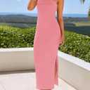 ZESICA Women's 2026 Summer Strapless Bodycon Midi Dress Off Shoulder Sleeveless Side Slit Tube Long Club Party Dresses (Pink, L)