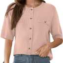 Women's Summer Button Down Shirts Casual Short Sleeve Crew Neck Ribbed Knit Blouse Open Front Work Cardigans (Black, L)