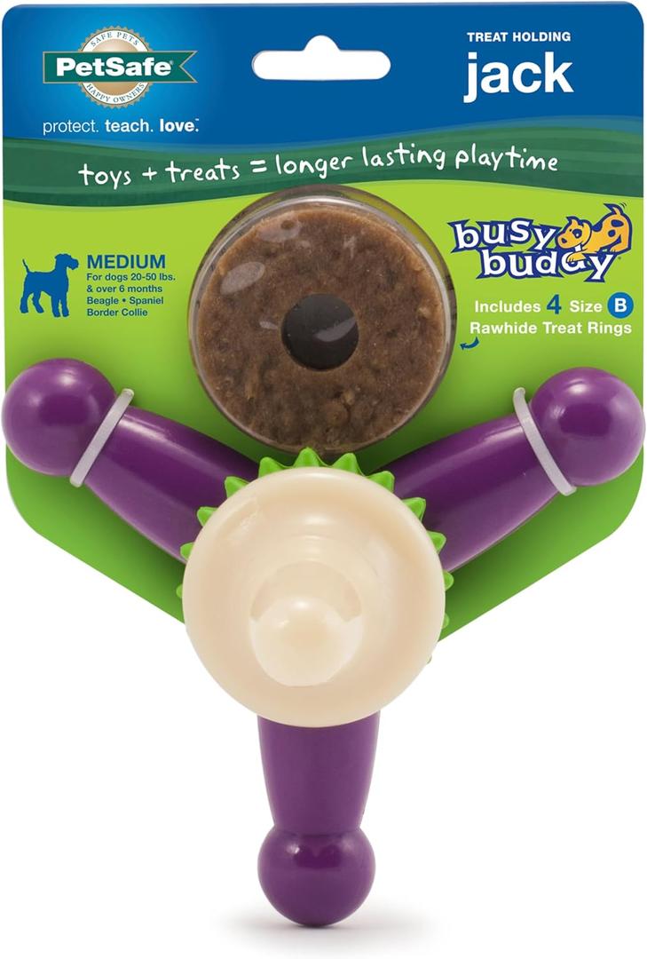 PetSafe Busy Buddy Jack - Keeps Dog Busy - Includes Treats Refill - Treat Holding Dog Toy - Helps Clean Teeth - Durable Rubber - Strong Chewers - Dishwasher Safe - Medium - Purple BB: 05/28/2028