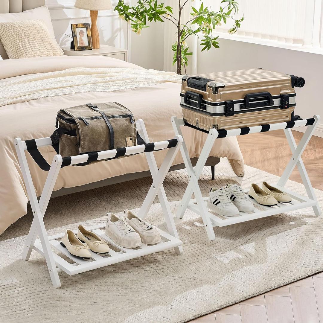 Fully Assembled Luggage Racks Pack of 2, Upgraded Bamboo Foldable Suitcase Stand with 5 Nylon Straps, 26.77" Thickened Luggage Stand Holder with Shelf for Guest Room Bedroom Hotel, White