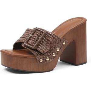 Oiamenne Raffia Heeled Sandals for Women Platform Sandals Square Open Toe High Block Heeled Sandals Slip On Slides Mules for Party Dressy Shoes, Size 10