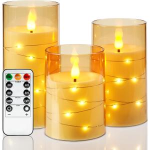 Amagic Flameless Candles 3 Set, Flickering Battery Operated Candles Embedded Fairy String Light, Realistic Pillar Candle with Remote Control and Timer, Acrylic Amber Gold, D3 x H4 5" 6"