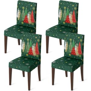 Horaldaily 4PCS Christmas Dining Green Chair Covers, Xmas Tree Pine Tree Stars Stretch Removable Washable Slipcover Chair Protector for Dining Room Home Decor