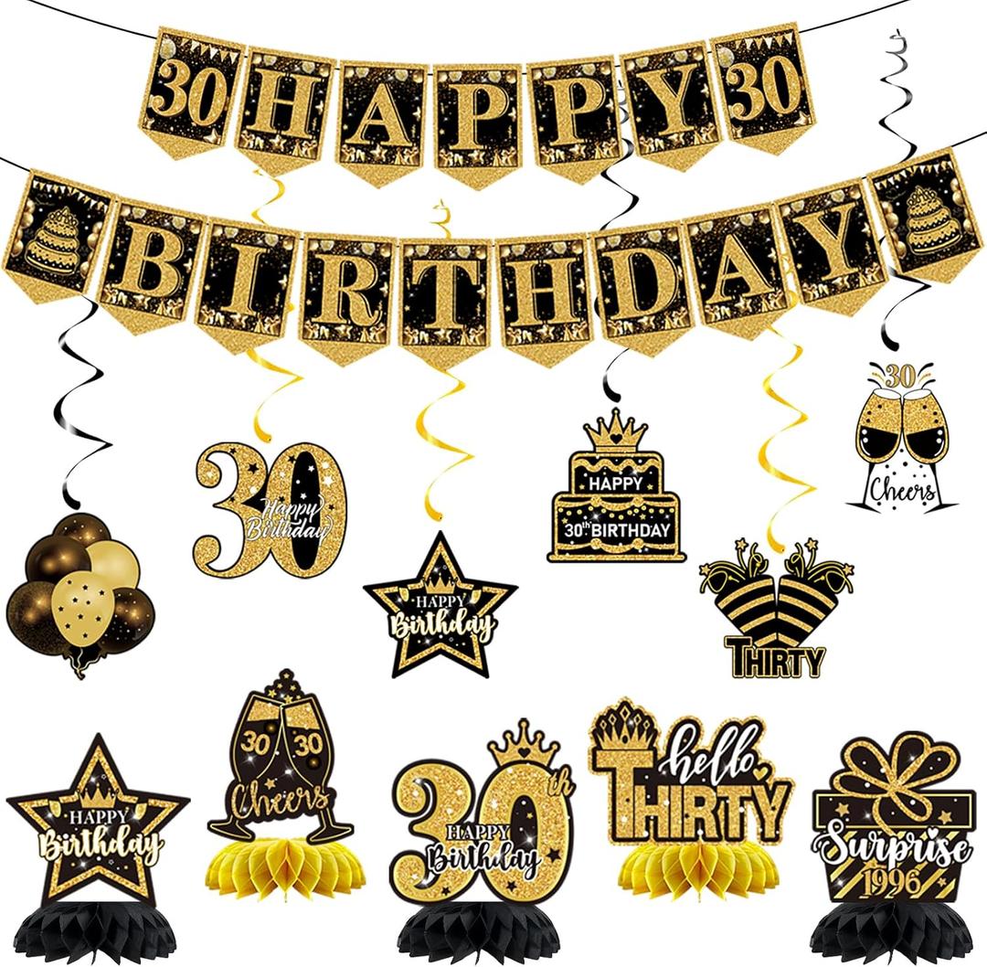 30th Birthday Decorations - 12 PCS Black Gold Happy 30th Birthday Banner 30th Hanging Swirls Streamers Surprise 1996 Honeycomb Centerpieces Table Decorations for Birthday Party Supplies Favors