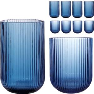 Set of 8 Ribbed Glassware,4 Highball Glasses 14oz & 4 Rocks Drinking Glasses 9oz, Origami Style, Fluted Design, for Milk, Water, Cocktail, Juice, Beer, ToothBrush Cup, Gif (Blue)