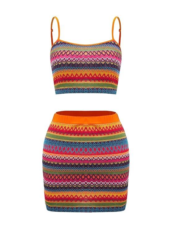 VERDUSA Women's 2 Piece Knitted Outfits Boho Geo Print Crop Top and Bodycon Mini Skirt, Medium