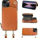 Bocasal Crossbody Wallet Case for iPhone 14 iPhone 13, RFID Blocking Leather Purse Case with Card Holder, Protective Handbag Flip Cover with Zipper Wrist Strap Lanyard for Women 5G 6.1 Inch (Brown)