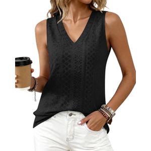 BTFBM Womens Tank Tops 2026 Summer Casual Loose Eyelet V Neck Sleeveless Shirts Basic Spring Top Beach Vacation Clothes (Large, Black)