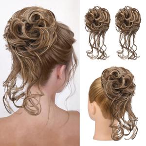 HOOJIH 2 Pack Messy Bun Hair Piece, Wavy Curly Hair Wrap Ponytail Hairpieces, Light Brown and Blonde Mixed