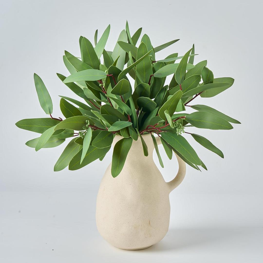 Avoeco 15 Pcs Faux Eucalyptus Stems Real Touch Artificial Greenery with Seeded and Leaf Branches, Oilve Tree 14.5'' Tall for Vase, DIY Floral Arrangements, Wedding Bouquets, Home Dcor, Centerpieces