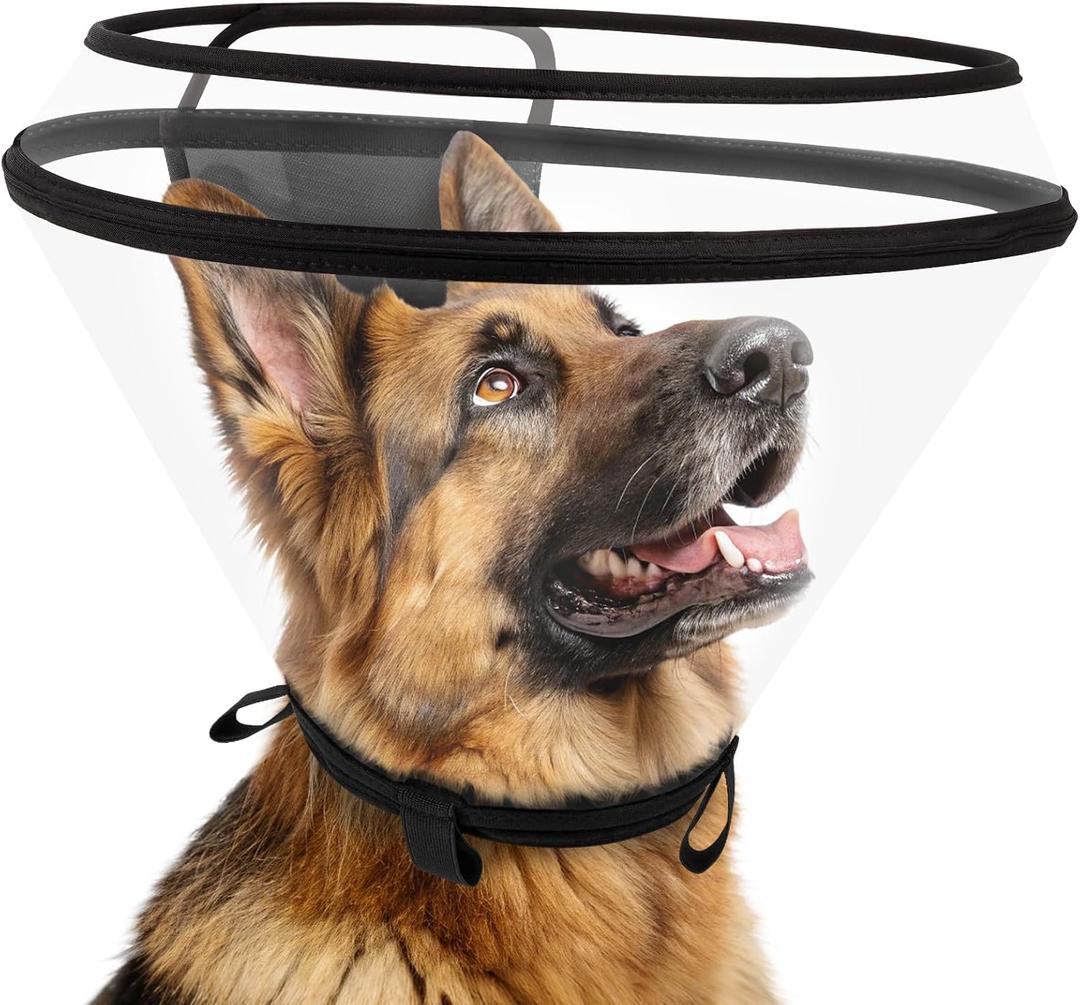 Dog Cone Collar After Surgery, Extended Dog Recovery Cone to Stop Licking Wounds, Transparent Soft Elizabethan Collar for Large Medium Small Dogs, Adjustable Pet Cone with Elastic Neck Loops