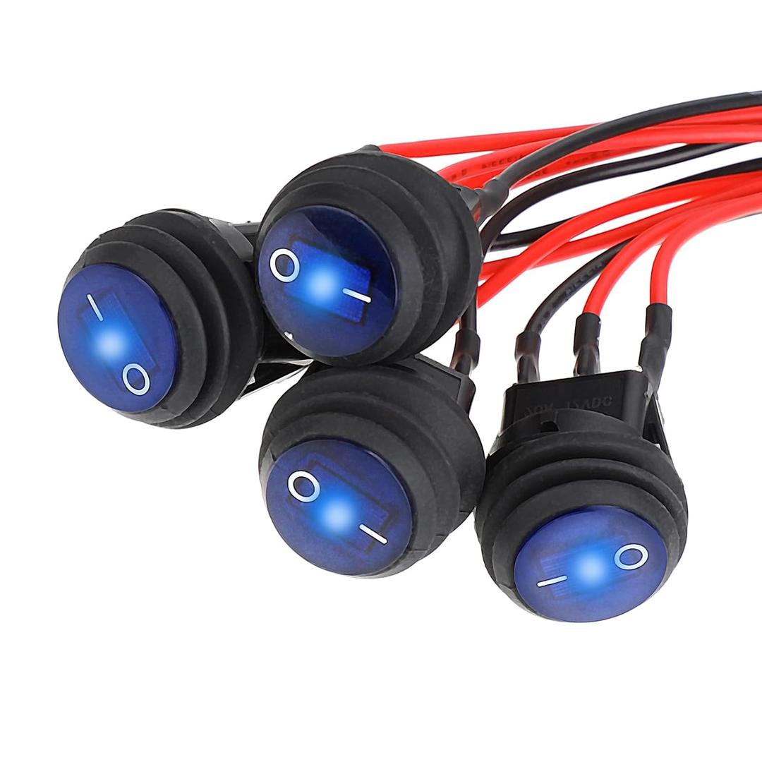 4 Pcs 12V Waterproof Rocker Switch Round Rocker Switch 12V Blue LED Lighted with Pre-Soldered Wires, On Off Toggle Shell SPST 3Pin for Car RV Trucks Marine Boats