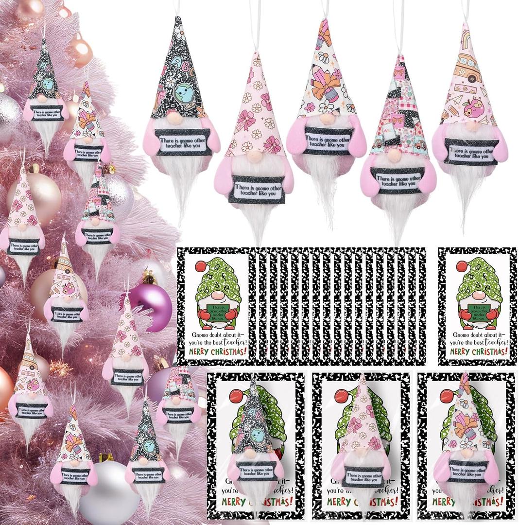 Peryiter 30 Set Pink Christmas Teacher Gnomes Hanging Ornaments Gifts Santa Plush Beard Doll Christmas Appreciation Gifts for Teachers Coworker Staffs or Xmas Party Favors Home Office Decor