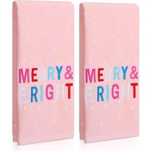 2 Pack Christmas Hand Towels for Kitchen Bathroom 14x30 Inch Pink Bright Merry Embroidered Cotton Towels for Drying Cleaning, Cooking Housewarming Home Gift Winter Decor
