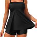 ZAFUL Womens Tankini Swimsuits Two Piece Bathing Suits Flowy Ruffle Swimwear with Shorts (Large, Black)