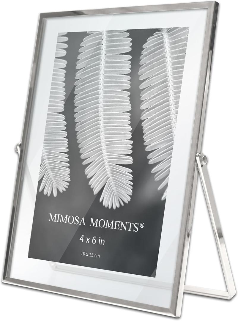 4x6 Silver Metal Floating Picture Frame, Double Glass Tabletop Display, Modern Minimalist Photo Frame for Home & Office Decor
