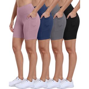 Biker Shorts Women with Pockets - 3"/5"/8" High Waisted Workout Spandex Tummy Control Gym Running Yoga Shorts (Large, Black/Gray/Navy/Mauve Pink)