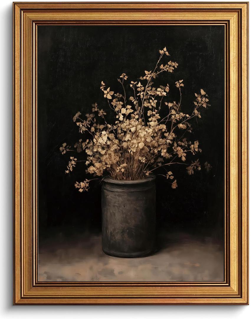 Gold Framed Wall Art Vintage Moody Floral Canvas Art Prints Dark Botanical Paintings Wall Decor Fall Rustic Farmhouse Artwork French Country Cottage Pictures for Living Room Bathroom 12x16in