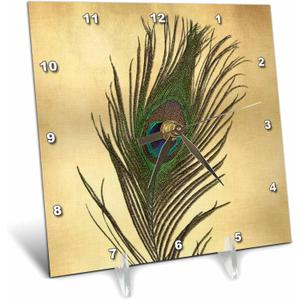 3dRose dc_172148_1 Elegant Peacock Feather on Gold Desk Clock, 6 by 6-Inch