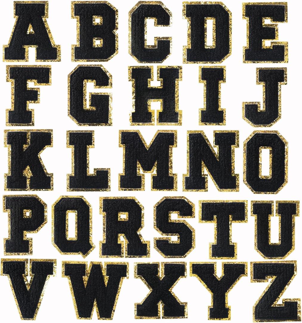 26 Pieces Black Chenille Letter Patches, Embroidered Letters, Glitter Patches, Varsity Iron on Gold Letter Patches, Adhesive Sticker Letter Patch 3.1in Height (26 pcs A-Z set)