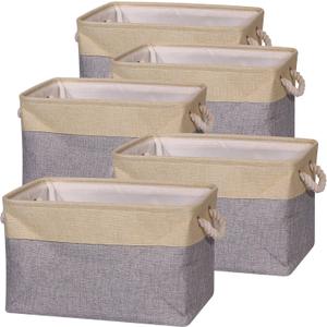 TENABORT 5 Pack Large Storage Basket Bin Foldable Storage Cube Box Canvas Fabric Collapsible Organizer with Handles for Closet Home Office Clothes Shelf Nursery, Grey Beige