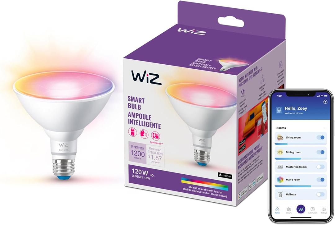 WiZ Connected 120W PAR38 Color LED Light Bulb - Connects to Your Wi-Fi - E26 Smart Bulb - Control with Voice or App + Activate with Motion - Matter Compatible - 1 Pack