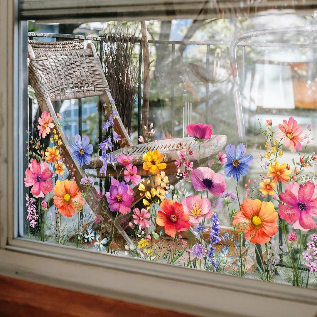 Flower Garden Window Stickers, Wildflower Grass Door Decals, Lily Peony Poppy Floral Window Clings for Bedroom Living Room TV Office Decor Home Decoration